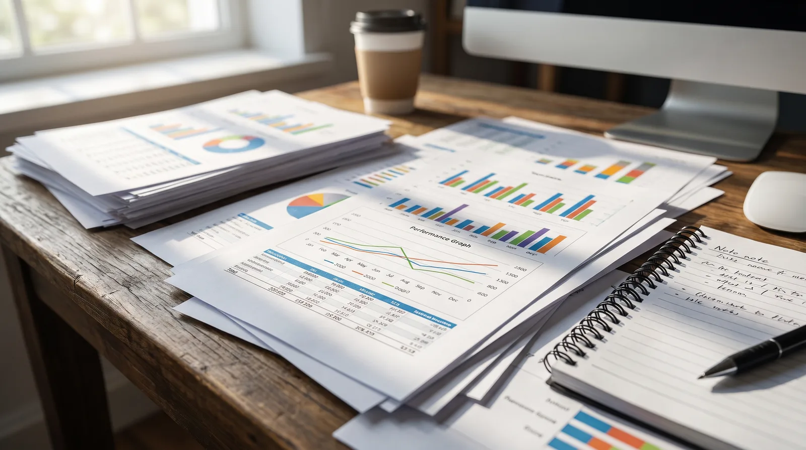 Analyst's desk with printed analytics reports, data charts, and performance graphs with notebook and pen in natural