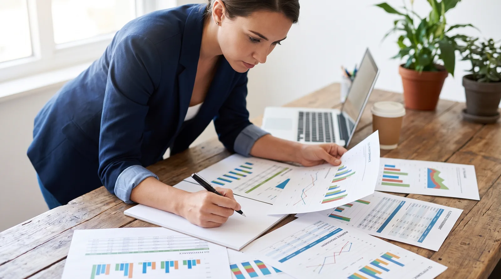 Marketing professional analyzing printed data and metrics on desk with pen and notepad under natural window light