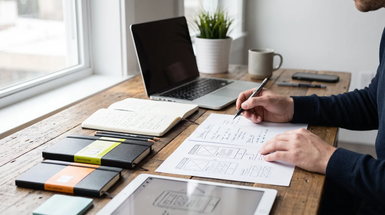 Professional marketer reviewing handwritten content strategy notes and design mockups at wooden desk with natural
