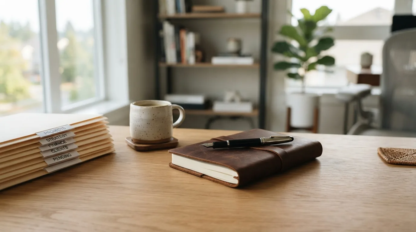 Wooden desk with stacked folders, a leather notebook, fountain pen, and coffee mug in morning window light.