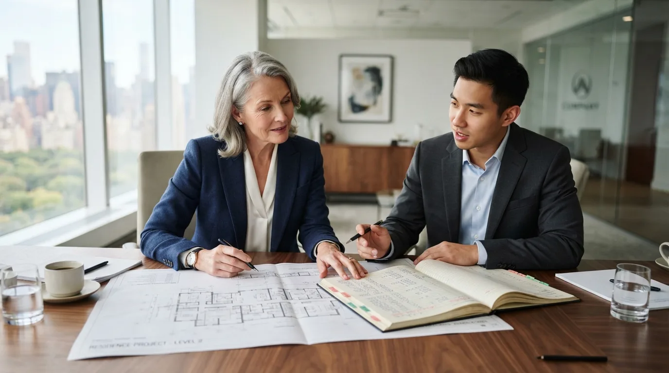 Financial advisor in a navy blazer reviewing documents with an entrepreneur at a conference table in a sunlit room.