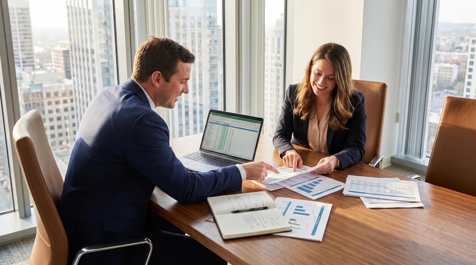 Business consultant and entrepreneur review financial documents and spreadsheets at a wooden desk in a bright modern
