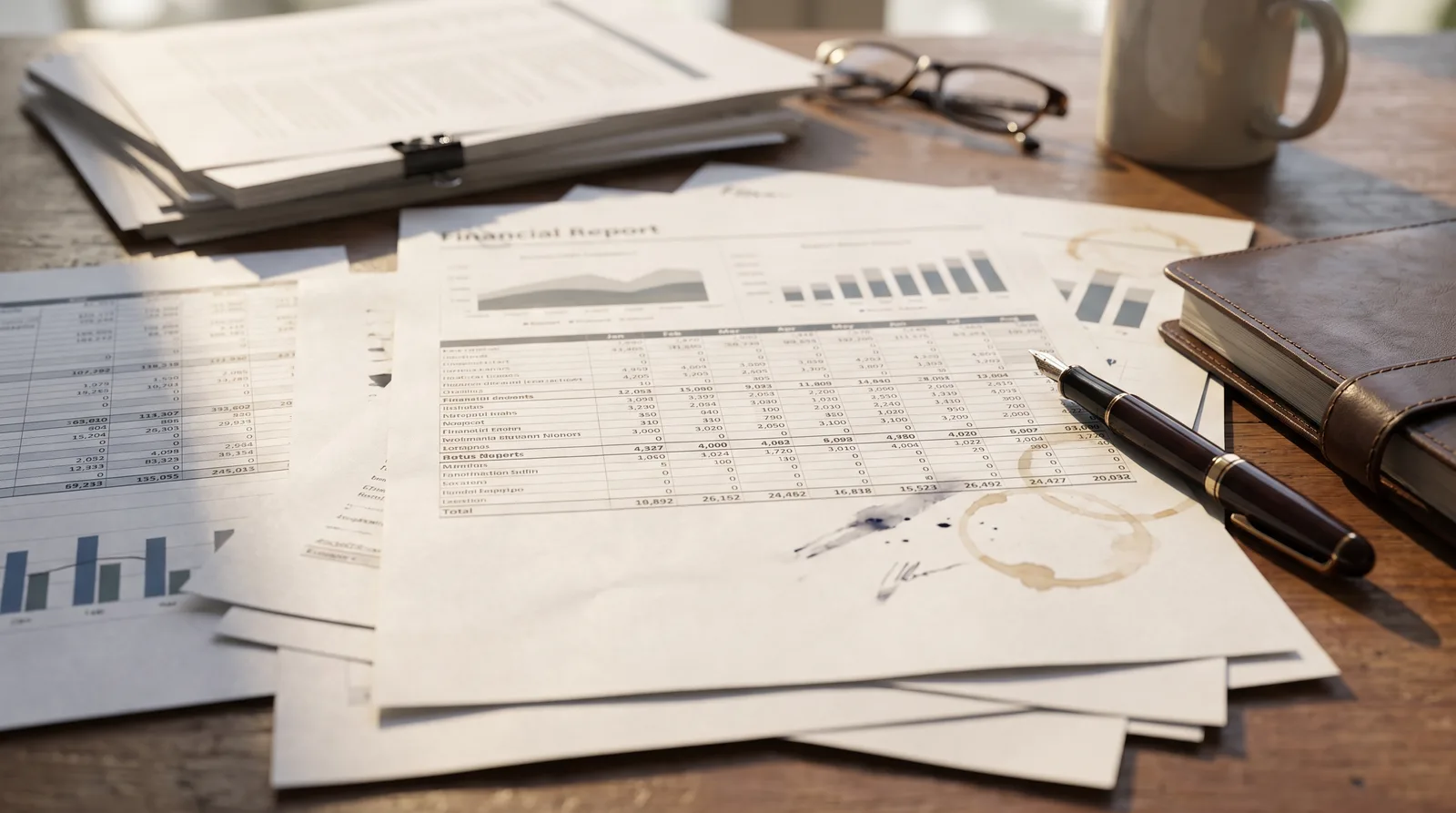 Financial documents and spreadsheets with numerical data organized on wooden desk in natural light, fountain pen nearby