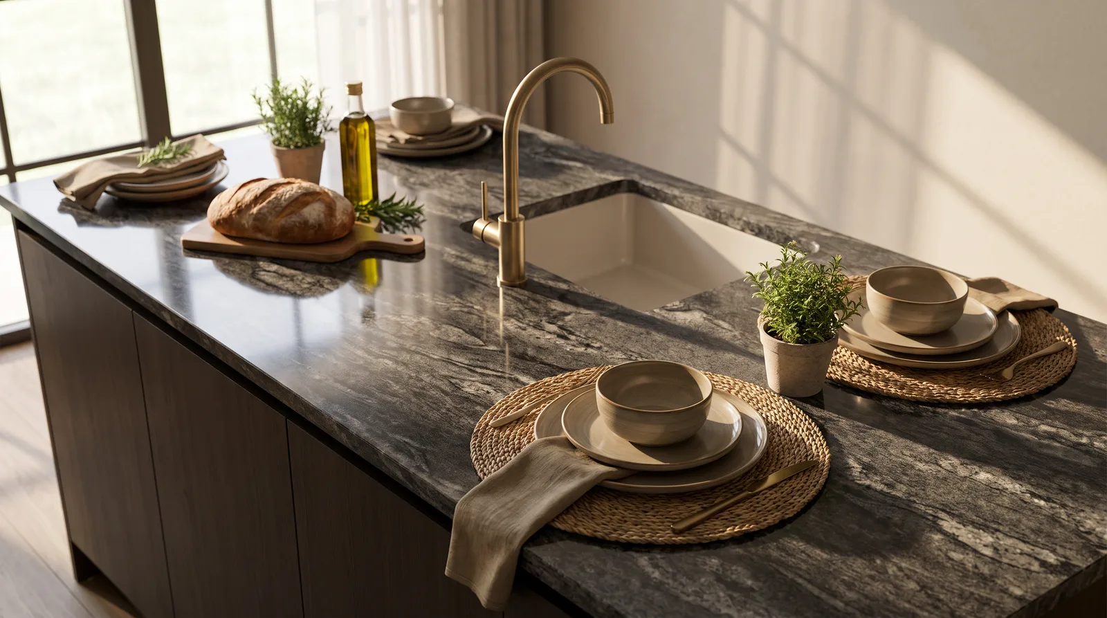 Overhead view of a staged luxury kitchen countertop with polished granite, brushed metal fixtures, and arranged