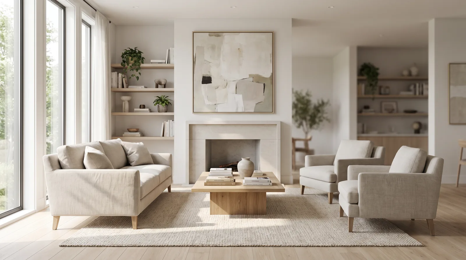 Bright modern living room with neutral furnishings, open layout, and natural light from large windows showcasing staged