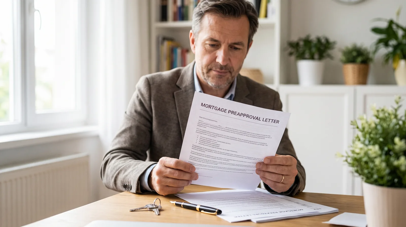 Professional reviewing mortgage preapproval document at desk with house key and pen in home office