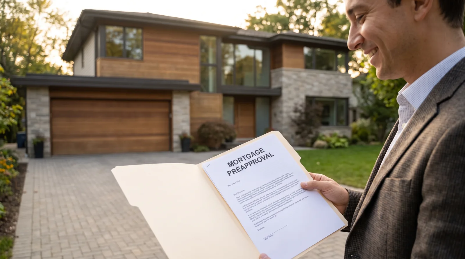 Homebuyer holding mortgage preapproval letter standing in front of modern suburban house with natural sunlight