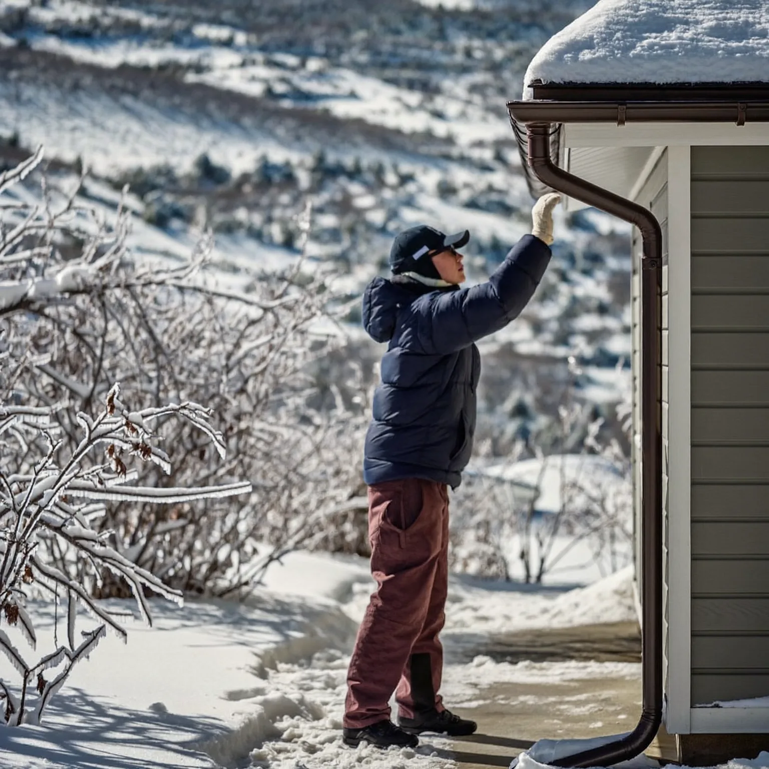 Homeowner in winter gear inspecting snow-covered roof gutters and edges during daylight, with icy branches and cleared
