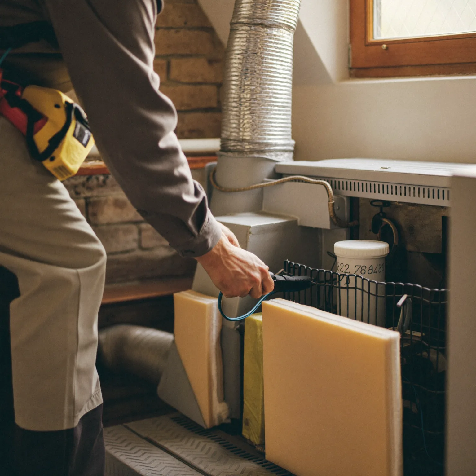 HVAC technician inspecting residential furnace system in basement with visible ductwork and insulation in natural light.