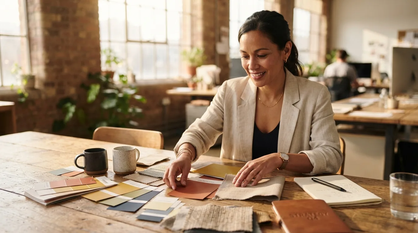 Person arranging paper swatches and fabric samples on a sunlit wooden table next to a coffee mug.