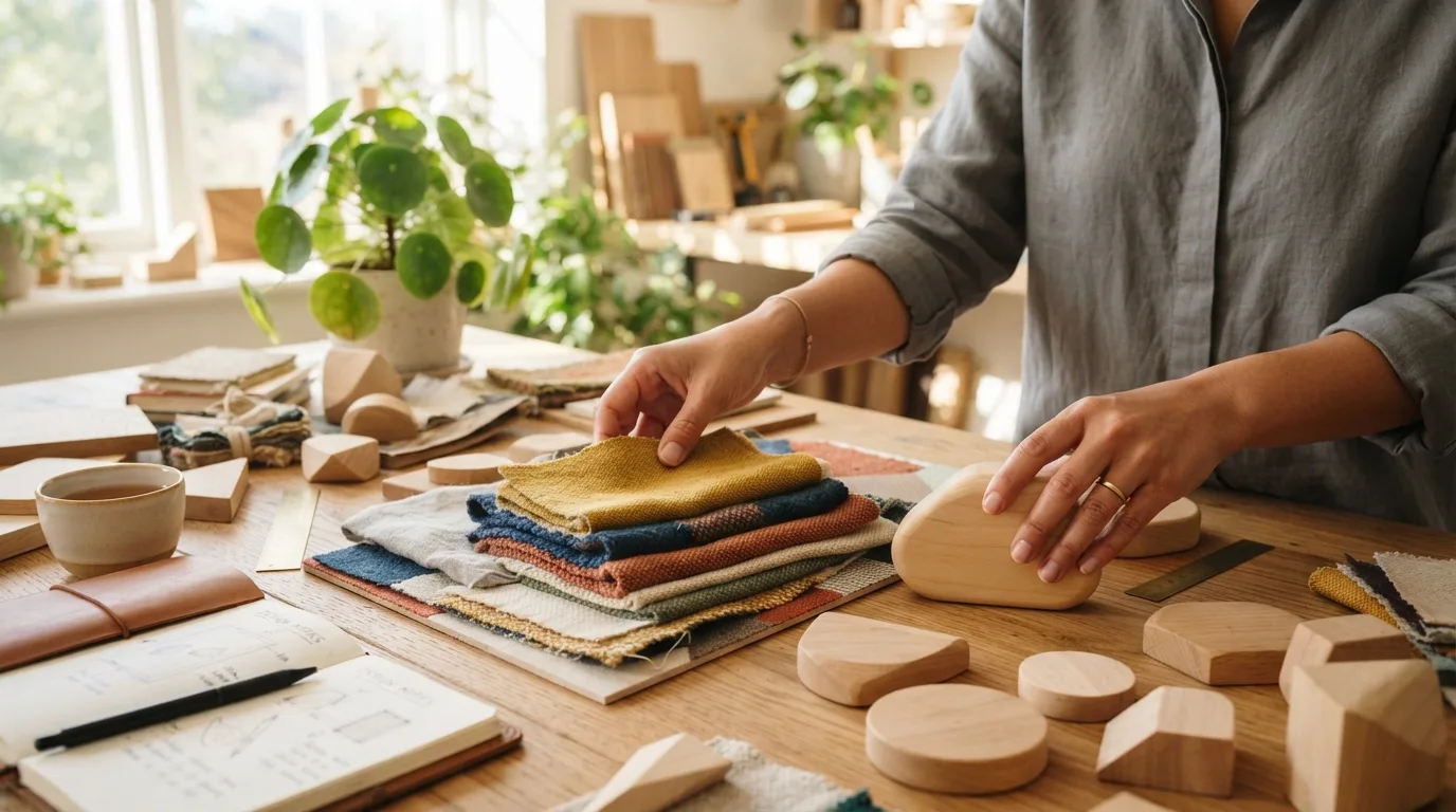Hands arranging wooden blocks and colorful fabric swatches on a sunlit oak workshop table beside green plants.