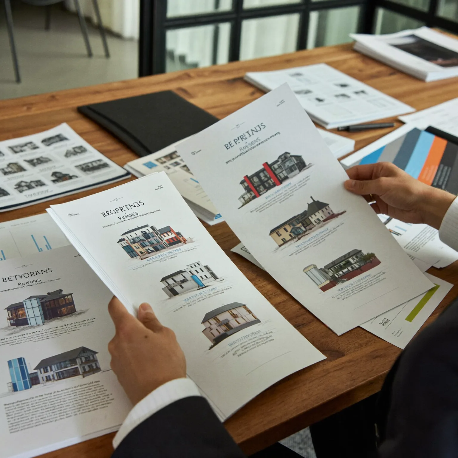 CRE executive reviewing property documents and blueprints on desk with natural light in modern office