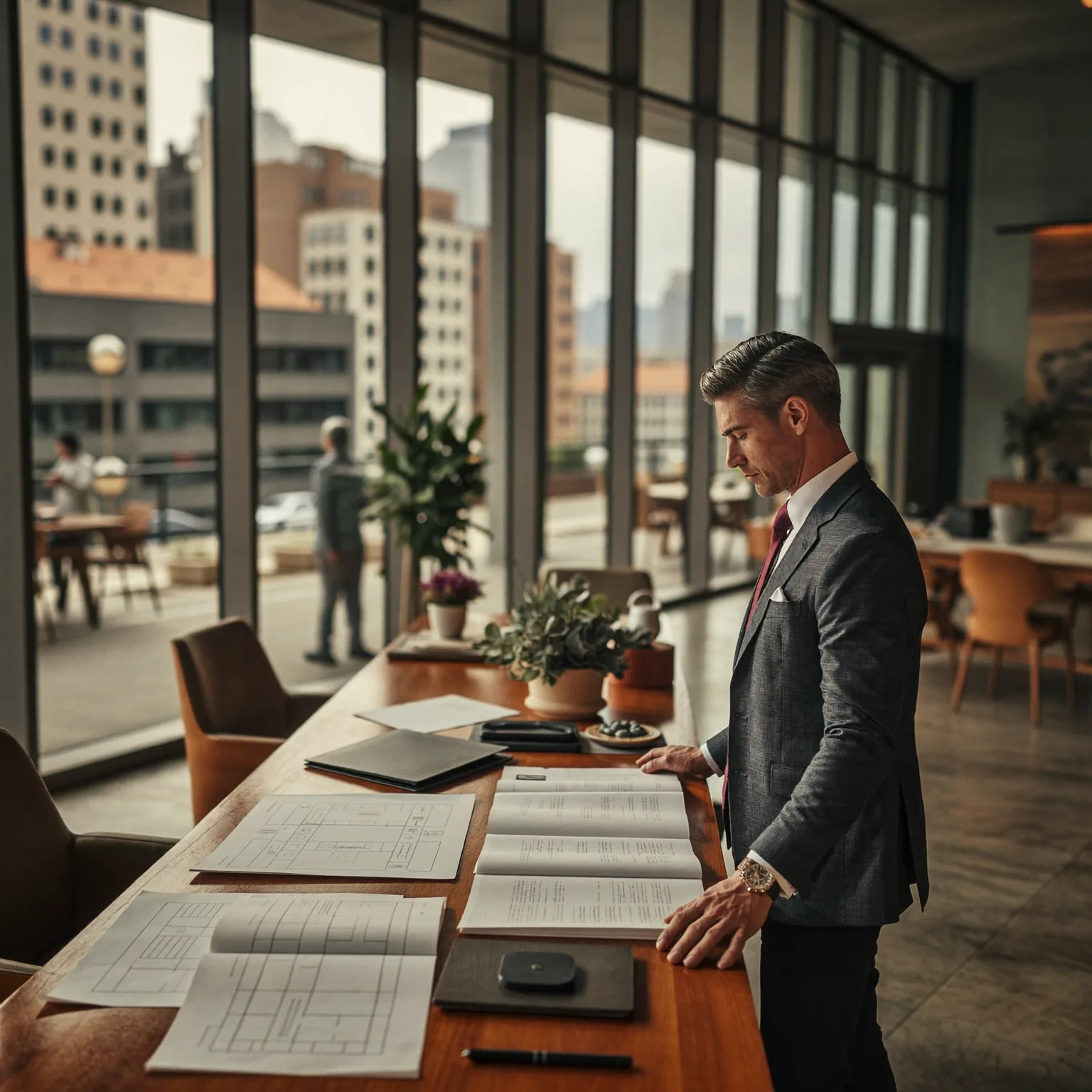 Commercial real estate professional reviewing floor plans and property documents at conference table in modern office