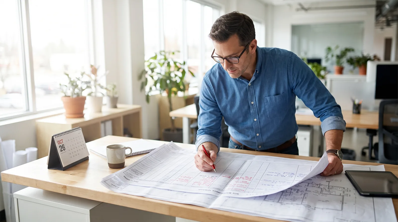 Professional reviewing website maintenance schedules and diagrams at workbench in bright office with calendar and