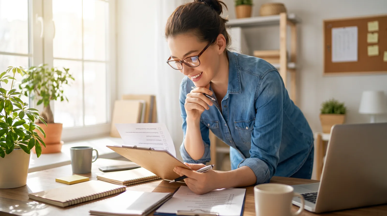 Small business owner reviewing printed website maintenance checklist at wooden desk with office supplies and plant